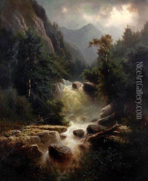 Waterfall In A Mountain Landscape With Figurebefore Oil Painting - C. Rohnfeld