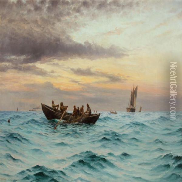 Fishermen At Sea In The Morning Light Oil Painting - Holger Peter Svane Lubbers