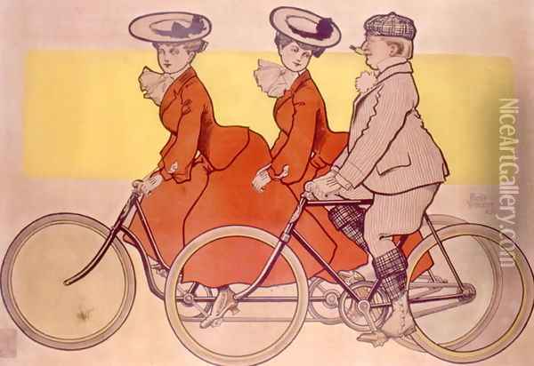 Man on a bicycle and women on a tandem, 1905 Oil Painting - Rene Vincent
