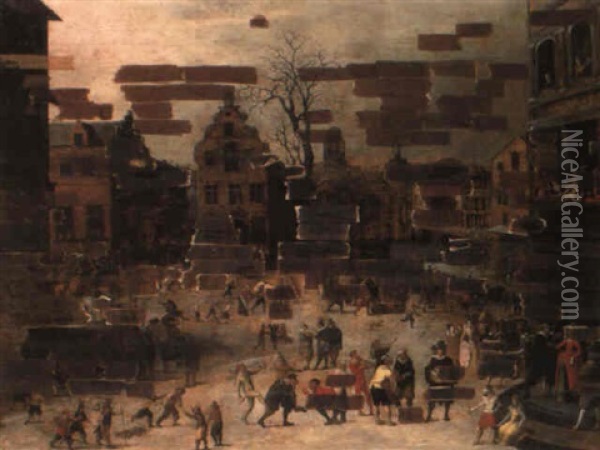 A Town Square In Winter With Elegant Figures Observing A Procession Oil Painting - Louis de Caullery