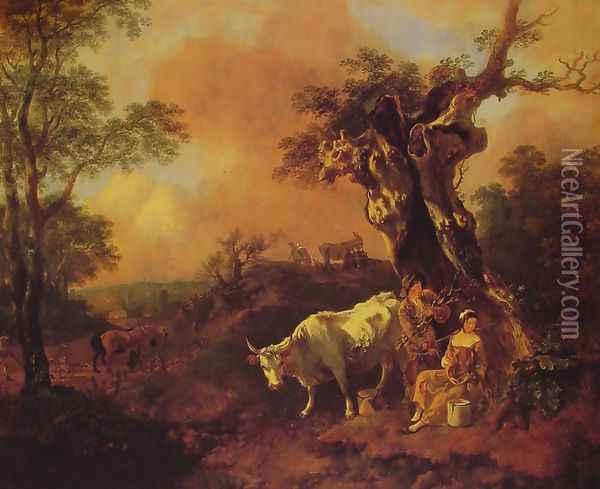 Landscape with a Woodcutter and Milkmaid Oil Painting - Thomas Gainsborough