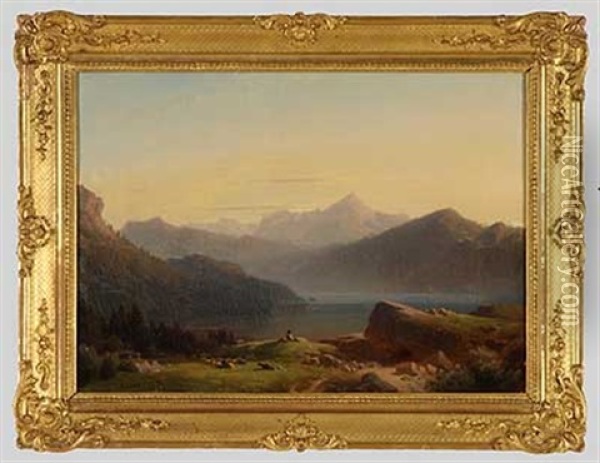 Schafer Vor Alpenseeidylle Oil Painting - Adolf Nickol
