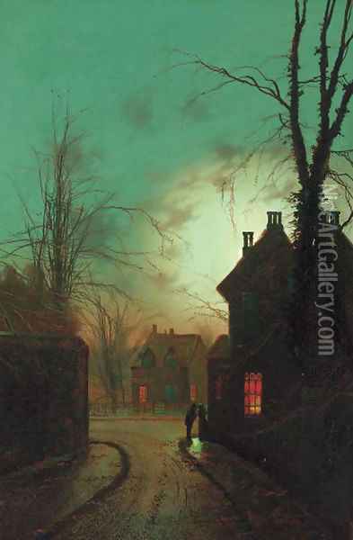 Figures on the corner of a moonlit street; and Figures on a moonlit lane Oil Painting - Wilfred Jenkins