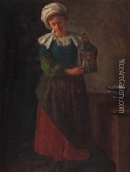 Junge Frau In Tracht Beim Anzunden Einer Laterne Oil Painting - Hermanus-Franciscus van den Anker