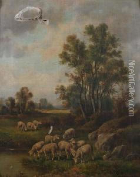 Sheep Drinking At Riverside Oil Painting - Thomas Bigelow Craig