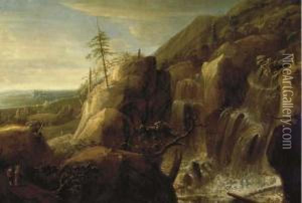 A Waterfall In An Extensive Mountainous Landscape With Travellersin The Foreground Oil Painting - Roelandt Roghman