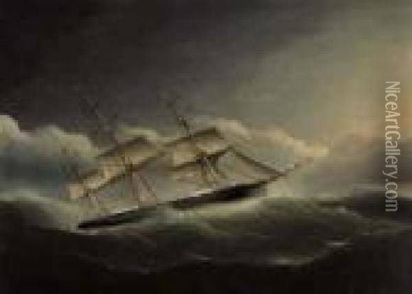 An American Clipper Ship Battling Through A Hurricane Oil Painting - James E. Buttersworth