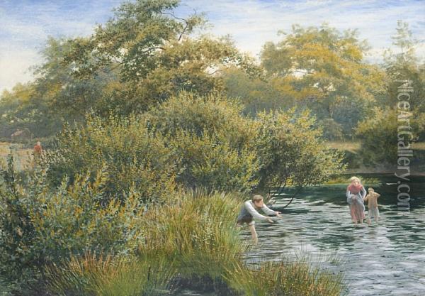 Crossing The Stream Oil Painting - James Barnes