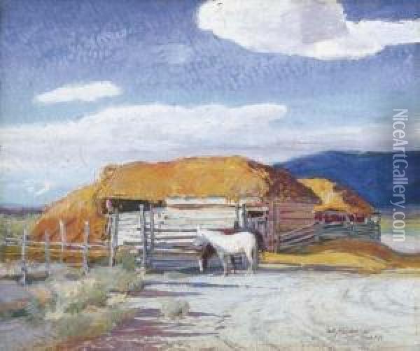 The Stables, Taos Oil Painting - Oscar Edmund Berninghaus