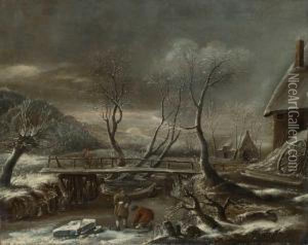 Winterlandschaft Mit Einer Holzbrucke Uber Einem Kanal Oil Painting - Jan van Kessel