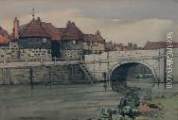 Kent Bridge - Scene Of Bridge Over River With Buildings Oil Painting - Harold Waite
