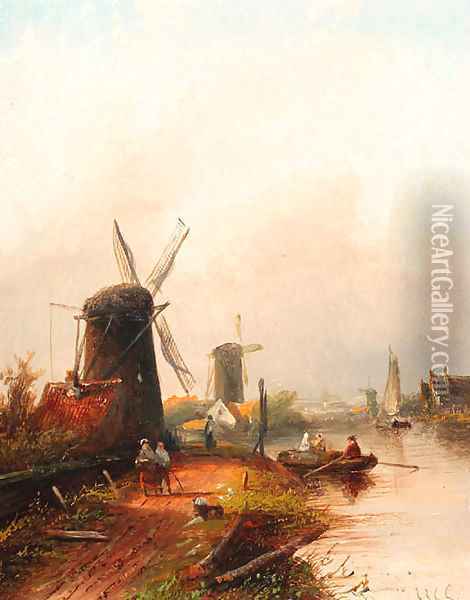 River landscape with windmills Oil Painting - Jan Jacob Coenraad Spohler