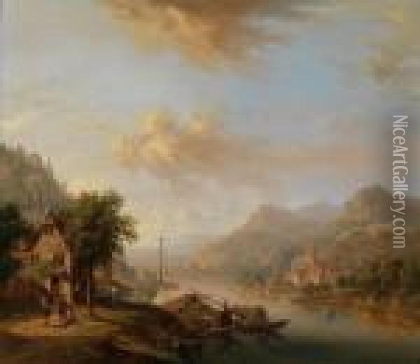 Viandanti In Un Ampio Paesaggio Renano Con Una Casa Contadina In Riva Al Fiume Oil Painting - Christian Georg Schuttz II
