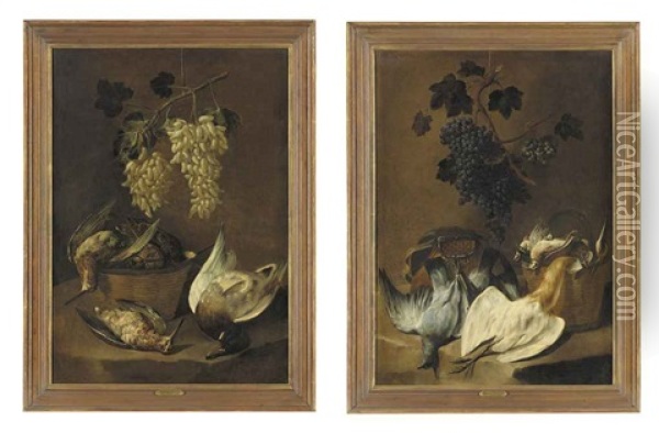 Duck And Woodcock In A Basket On A Stone Ledge, With White Grapes (+ A Squacco Heron And Pigeons, Quails In A Basket, With A Game Bag, On A Stone Ledge, Grapes Above; 2 Works) Oil Painting - Giovanni (Crivellino) Crivelli