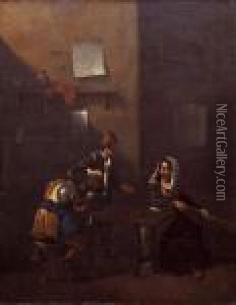 Scene De Taverne Avec Fumeur, Buveur Et Joueuse De Guitare Oil Painting - Jan Miel