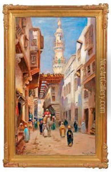 Morgendlichestrasenszene In Einem Belebten Bazar In Kairo Oil Painting - Frans Wilhelm Odelmark