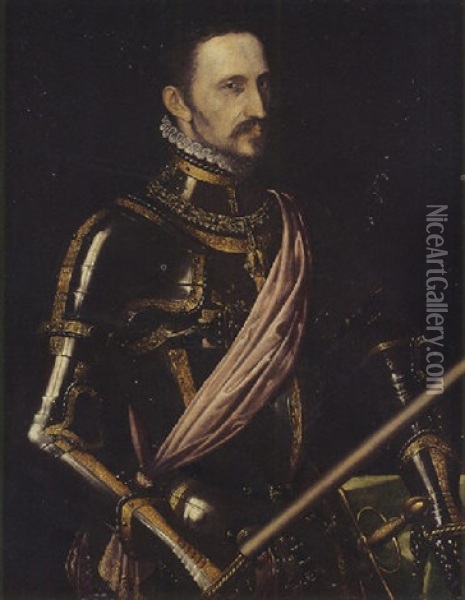 Portrait Of Don Fernandez Alvarez De Toledo, 3rd Duque De Alba In Armour With The Collar Of The Order Of The Golden Fleece Oil Painting - Antonis Mor Van Dashorst