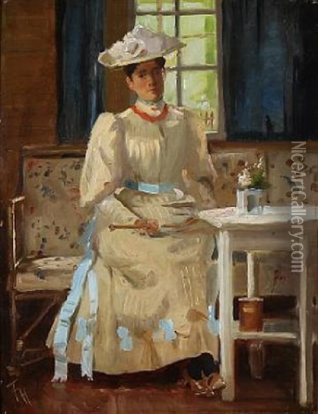 A Distinguished Lady In A White Summer Dress, Presumably Tsaritsa Alexandra Feodorovna Of Russia Oil Painting - Frants Peter Didrik Henningsen