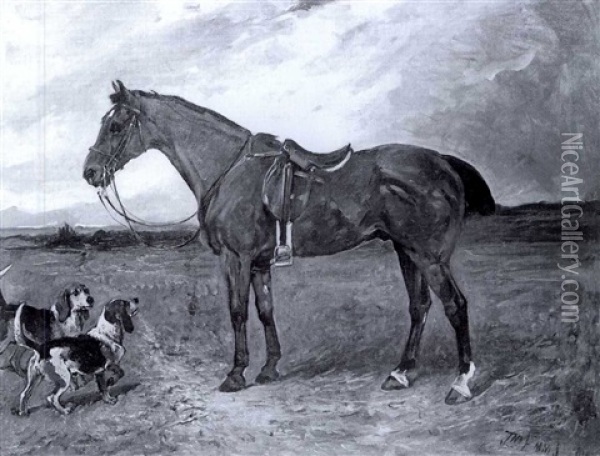 A Bay Pony And Beagels Oil Painting - John Emms