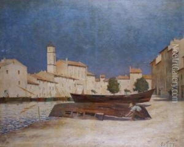 Pecheur Reparant Sa Barque Dans Un Village Mediterraneen Oil Painting - Raymond Moisson