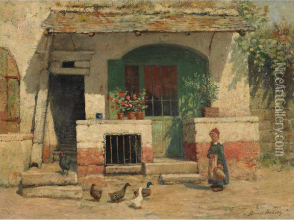 Young Girl With Ducks Outside A Cottage Oil Painting - Burr H. Nicholls