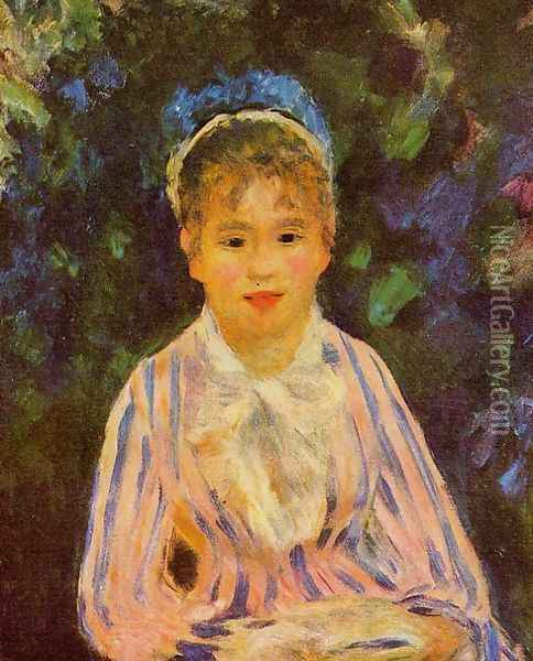 Young Woman In A Blue And Pink Striped Shirt Oil Painting - Pierre Auguste Renoir