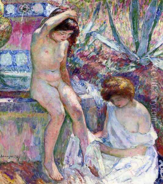 Marthe and Madame Lebasque at the Fountain Oil Painting - Henri Lebasque