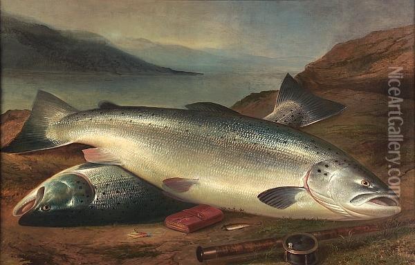 A Brace Of Salmon On The Banks Of Loch Tay Oil Painting - Henry Leonidas Rolfe