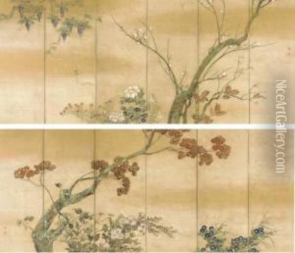 Flowers In The Four Seasons Oil Painting - Sakai Hoitsu