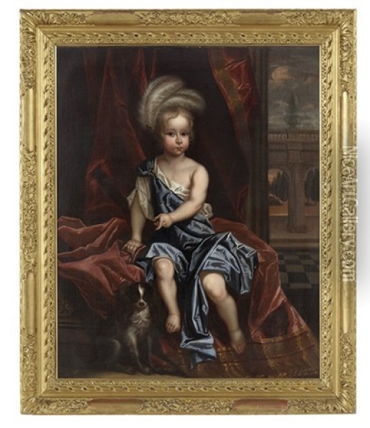 Portrait Of A Young Boy With Feathered Headdress, A Spaniel At His Feet Oil Painting - John Vanderbank the Younger