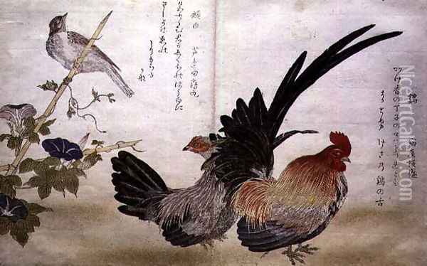 Cockerel and Hen on the right with a Bunting on the left, from an album Birds compared in Humorous Songs Momo Chidori Kyoka Awase, 1791 Oil Painting - Kitagawa Utamaro