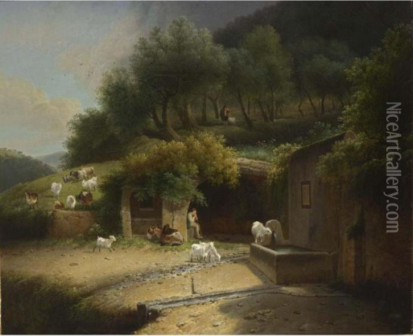 A Wooded Hilly Landscape With A 
Shepherd Resting In A Grotto With His Herd And A Donkey, Near A Fountain
 With Another Shepherd In The Background Oil Painting - Joseph Augustus Knip