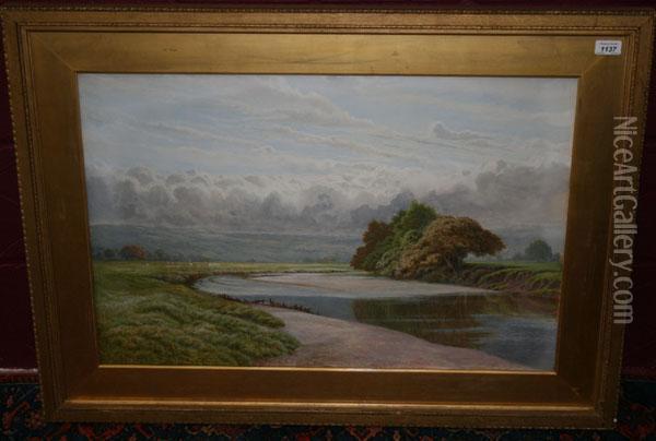Extensive River View Withsheep Grazing And Hills Beyond Oil Painting - Henry Hilton