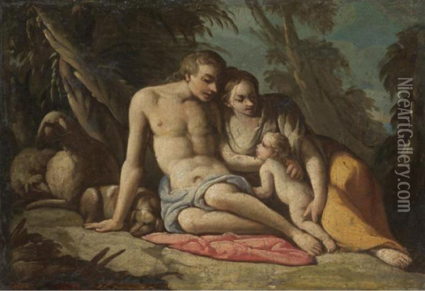A Shepherd Family Resting In A Wooded Landscape Oil Painting - Giulio Carpione