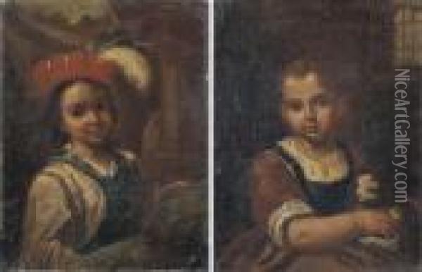 Bambina Con Cagnolino; E Bambino Con Cappello Piumato Oil Painting - Antonio Amorosi
