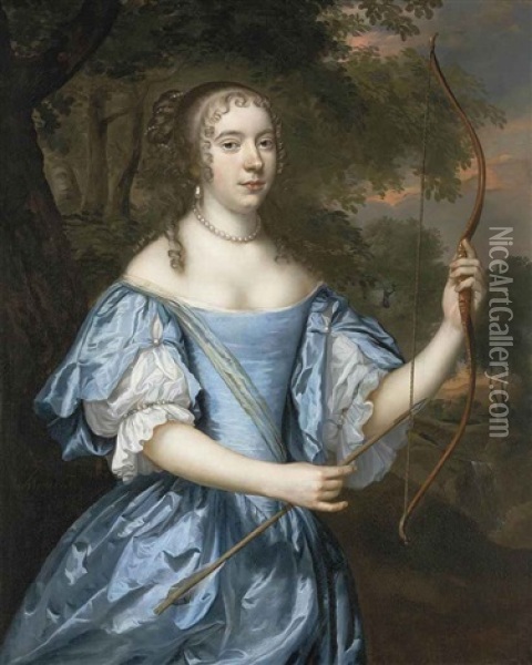 Portrait Of A Lady As Diana, In A Blue Dress With Pearls, Holding A Bow In Her Left Hand And An Arrow In Her Right, In A Landscape Oil Painting - Jan Mytens