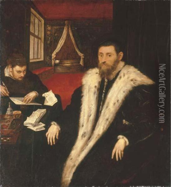 Portrait Of A Nobleman, 
Half-length, In A Coat Trimmed With Ermine, Seated At His Desk With His 
Secretary Oil Painting - Jacopo Robusti, II Tintoretto