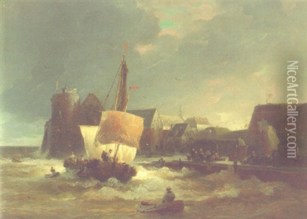 Schiff In Sturmischer See Vor Einem Hafen Oil Painting - Andreas Achenbach
