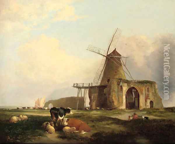 View of St Benet's Abbey, Norfolk, with figures, cattle and sheep in the foreground Oil Painting - Miles Edmund Cotman