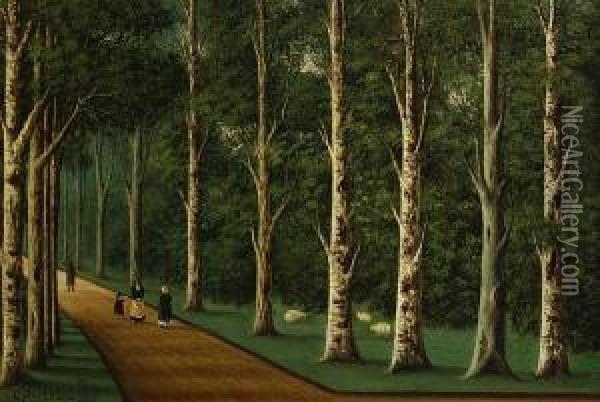 Figures Walking Down A Tree-lined Avenue Oil Painting - Caroline Paterson