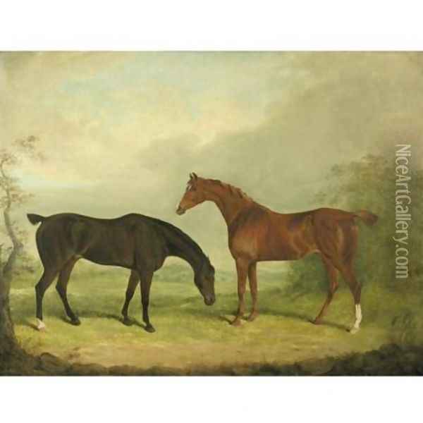 Two horses in a landscape Oil Painting - James Barenger