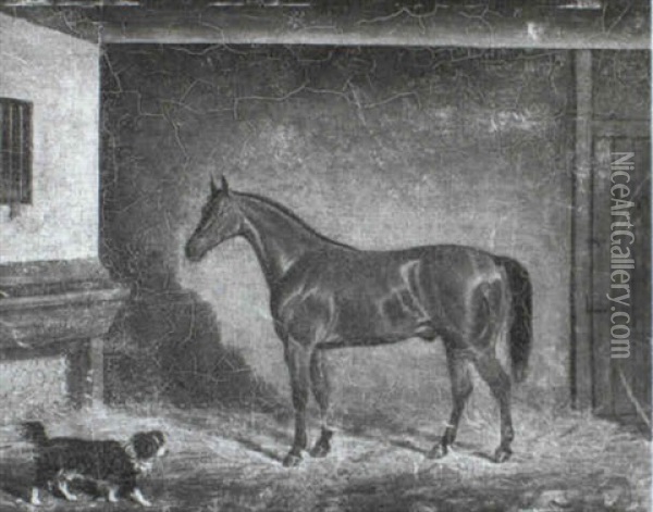 A Hunter And A Spaniel In A Stable Oil Painting - James Loder Of Bath