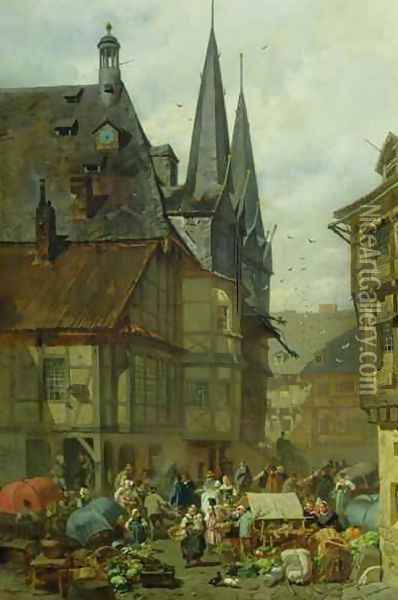 The Marketplace in Wernigerode Oil Painting - Charles Hoguet