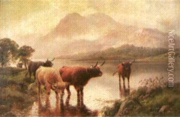 Highland Cattle Drinking, Loch Katrine, Mountains In The Distance Oil Painting - Harald R. Hall