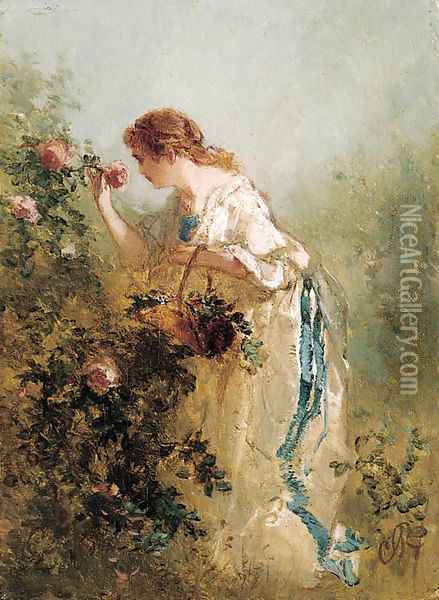 An elegant lady picking roses Oil Painting - Charles Rochussen