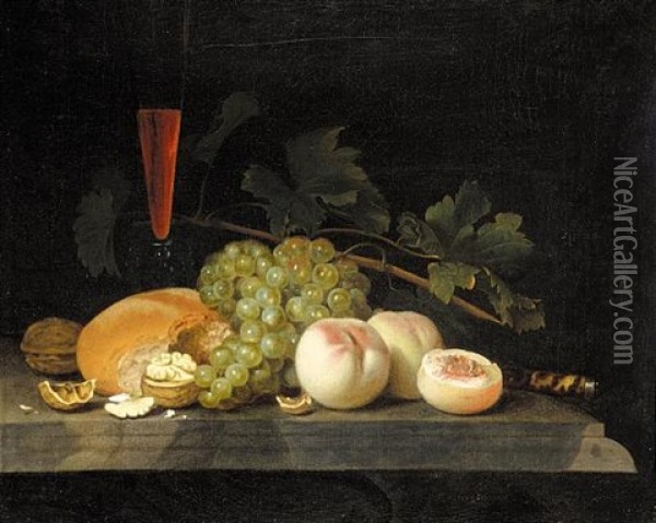 Still Life With Peaches, Grapes, Walnuts, Bread, A Half-filled Flute, Vine Leaves And A Knife Handle On A Stone Ledge Oil Painting - Gillis Jacobz van Hulsdonck