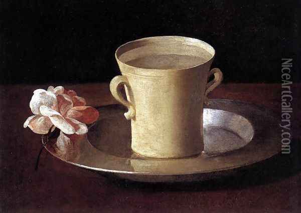 Cup of Water and a Rose on a Silver Plate c. 1630 Oil Painting - Francisco De Zurbaran