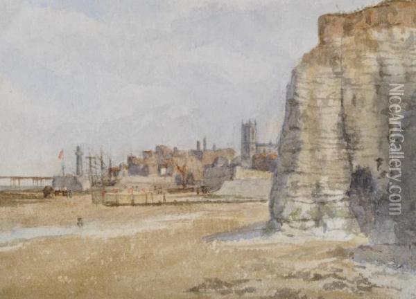 Fishing Beach Scene Possibly Hastings, 
View Of Thelandgate Oil Painting - Maria Louisa Angus