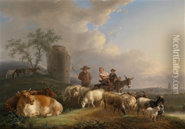 Hirten Und Herde Vor Weiter Seelandschaft Oil Painting - Jean-Baptiste De Roy