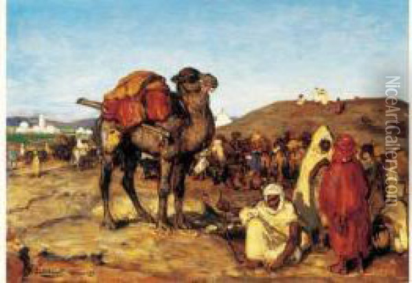 Marche Aux Chameaux A Kairouan. Oil Painting - Pierre Gourdault